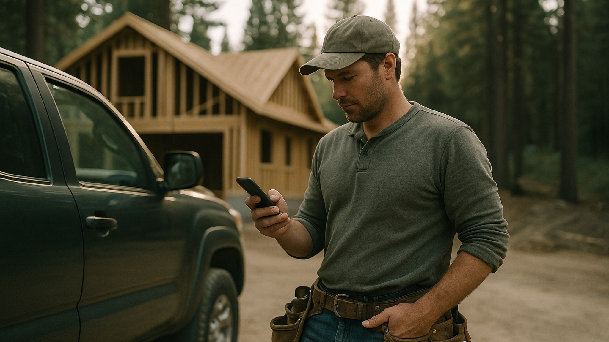 Contractor checking his phone beside his work truck at a jobsite