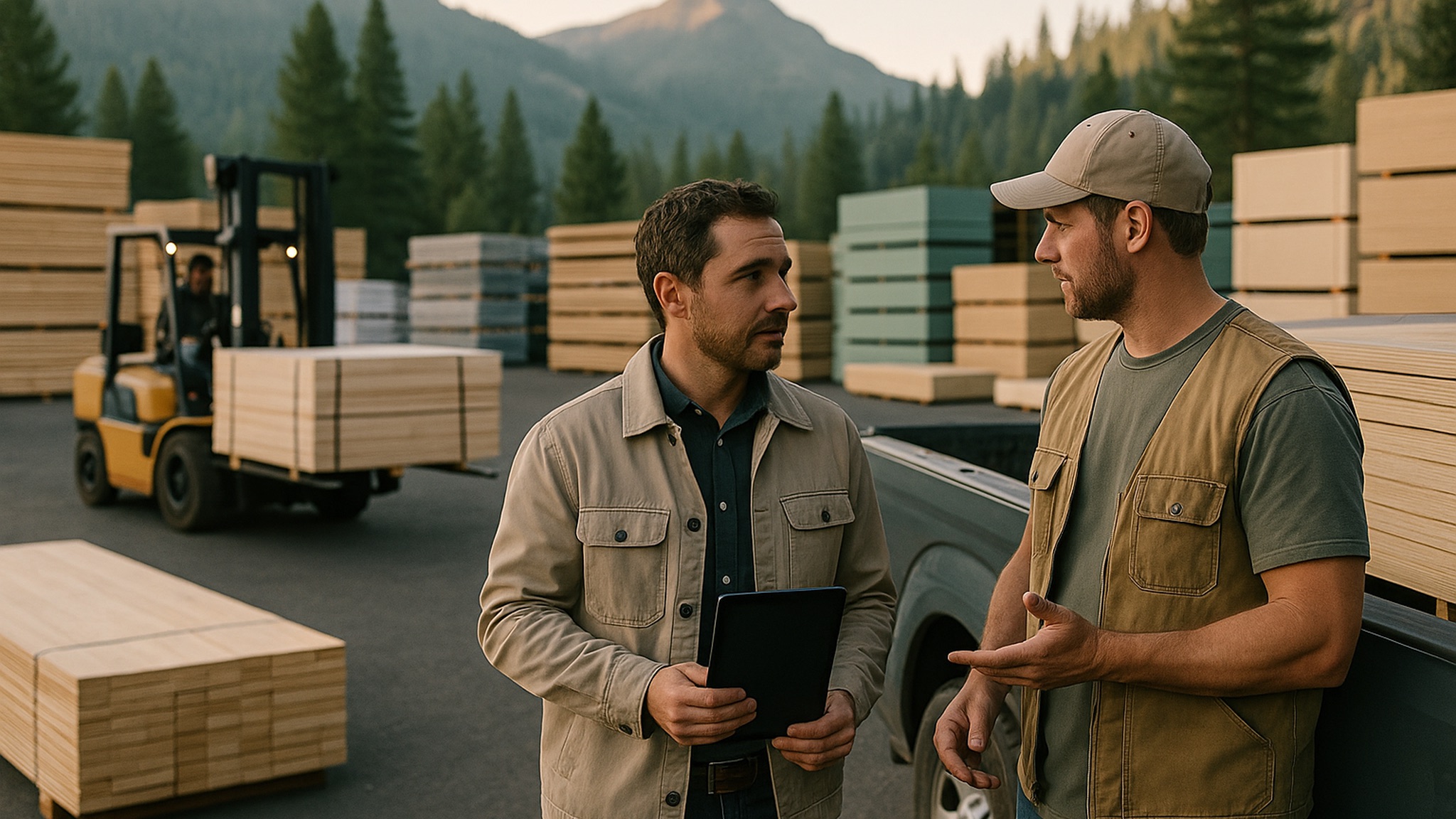 Supplier rep and contractor talking over an order in a building-materials yard
