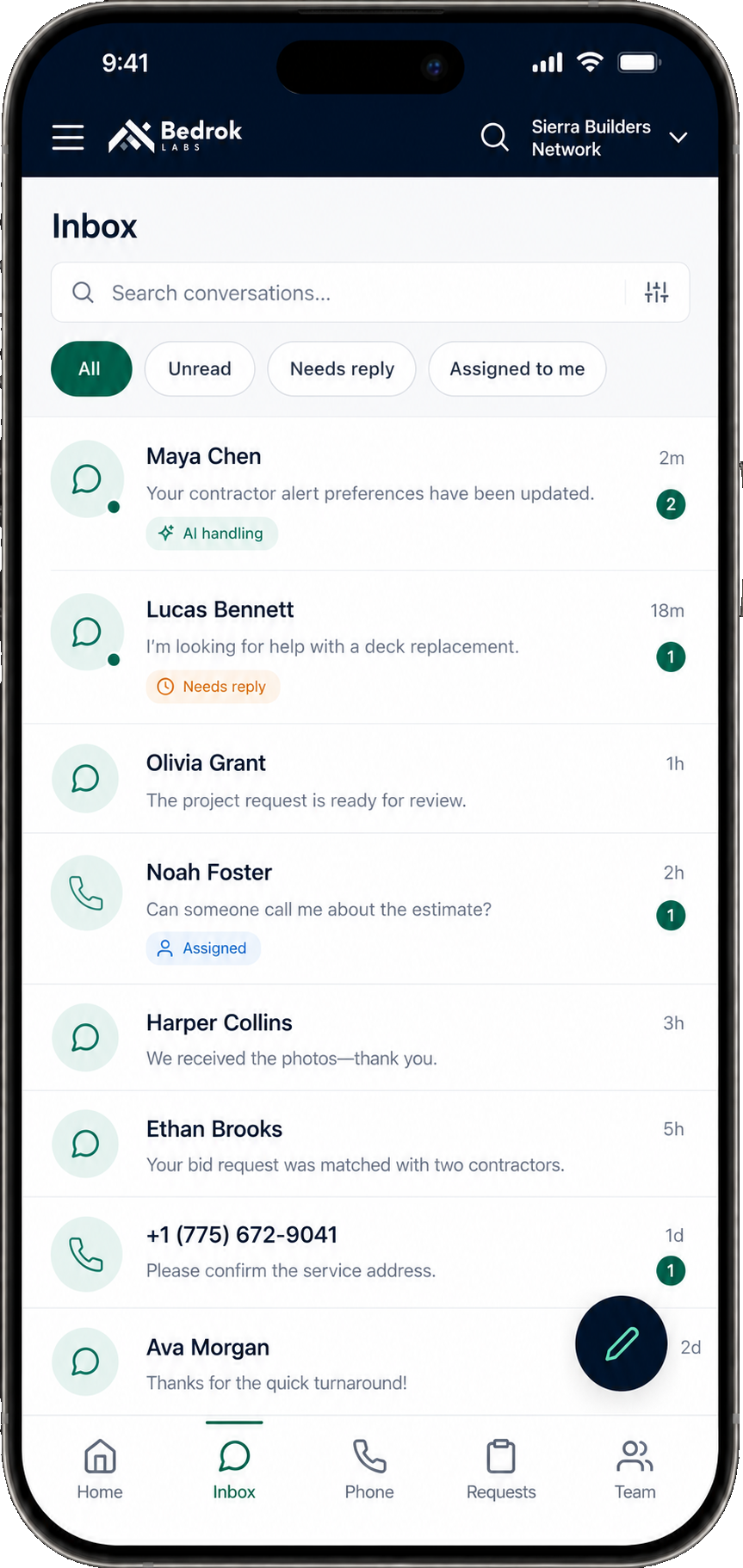 Bedrok mobile inbox showing new Request Packets from calls, texts, and voicemails with status badges
