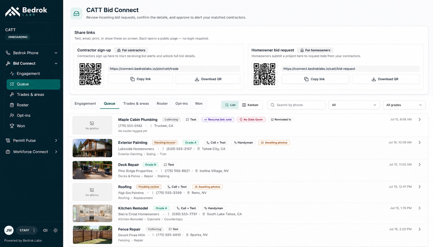 CATT Bid Connect intake screen in the Bedrok app: shareable contractor sign-up and homeowner bid-request links with QR codes, above a review queue of incoming project requests — exterior painting, deck repair, roofing, kitchen remodel — each with status, grade, trades, and location