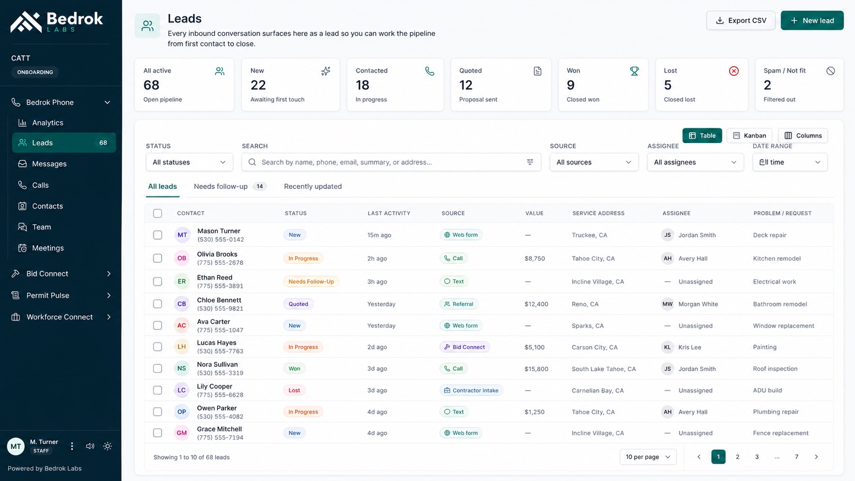 Bedrok web dashboard listing incoming homeowner project requests with project type, status, and qualified-member routing