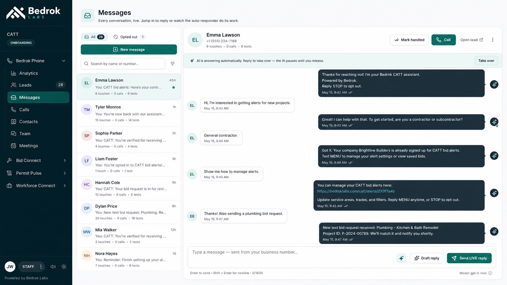 Bedrok Messages inbox: the AI assistant answers an inbound text, qualifies the contractor for CATT bid alerts, and logs a new plumbing bid request — with a Take Over control so the team can reply live at any time