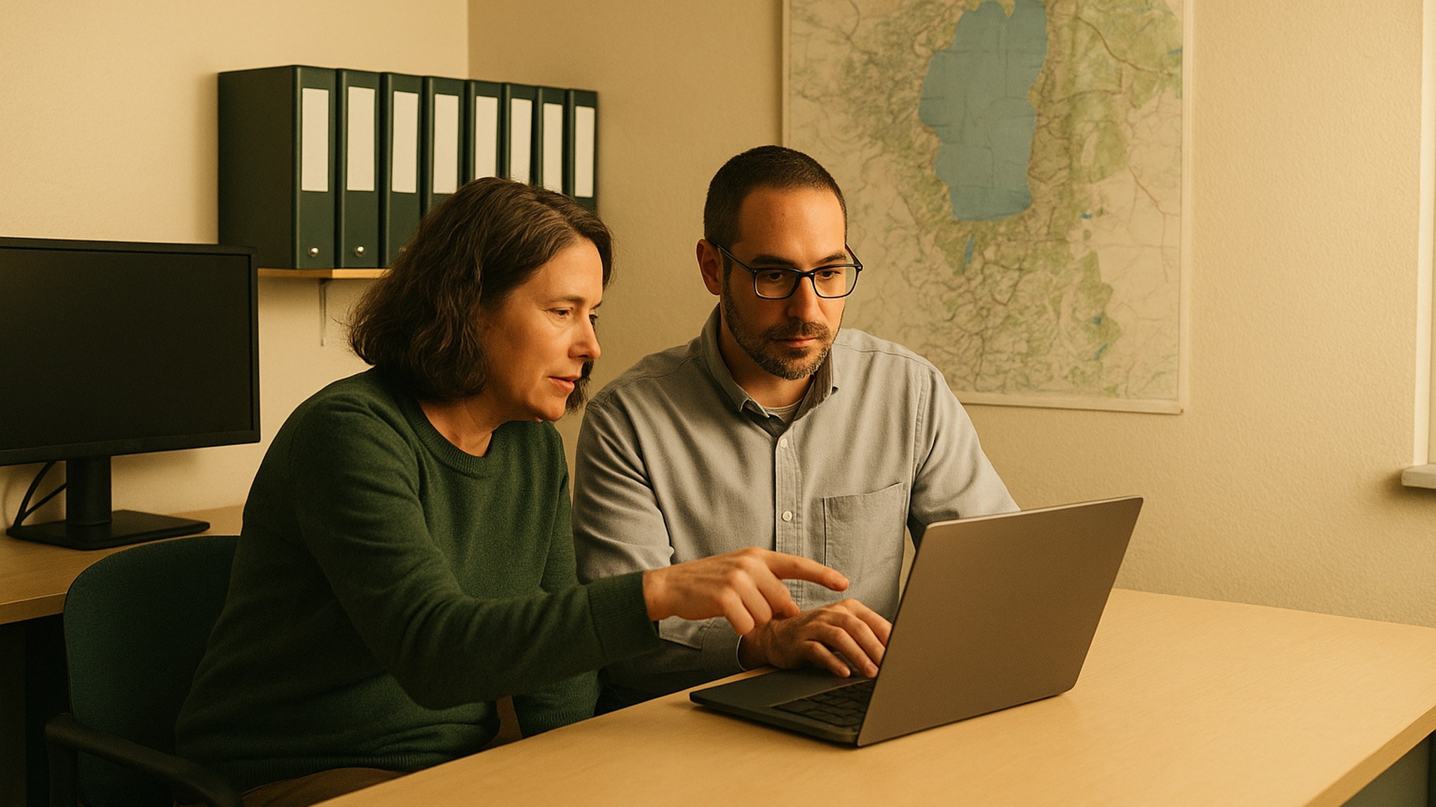 Two CATT staff members reviewing a project request on a laptop, with a Lake Tahoe area map on the wall